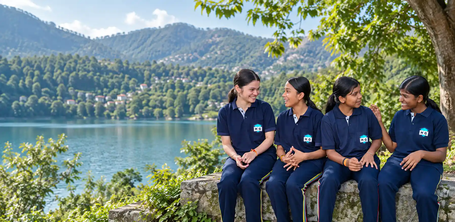 HGS students overlooking Bhimtal Lake and the surrounding hills